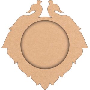 A wooden pooja thali base with a peacock and flower pattern. A handcrafted MDF pooja thali base with a beautiful peacock and flower design. A 12-inch MDF pooja thali base with a smooth, polished surface.