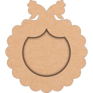 A wooden pooja thali base with a peacock and flower pattern. A handcrafted MDF pooja thali base with a beautiful peacock and flower design. A 12-inch MDF pooja thali base with a smooth, polished surface.