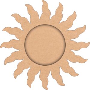 A wooden base for a pooja thali, with a sun pattern laser-cut into the border. A puja thali base made of MDF, with a sun pattern design. A wooden plate with a sun pattern cutout border, used for religious ceremonies.