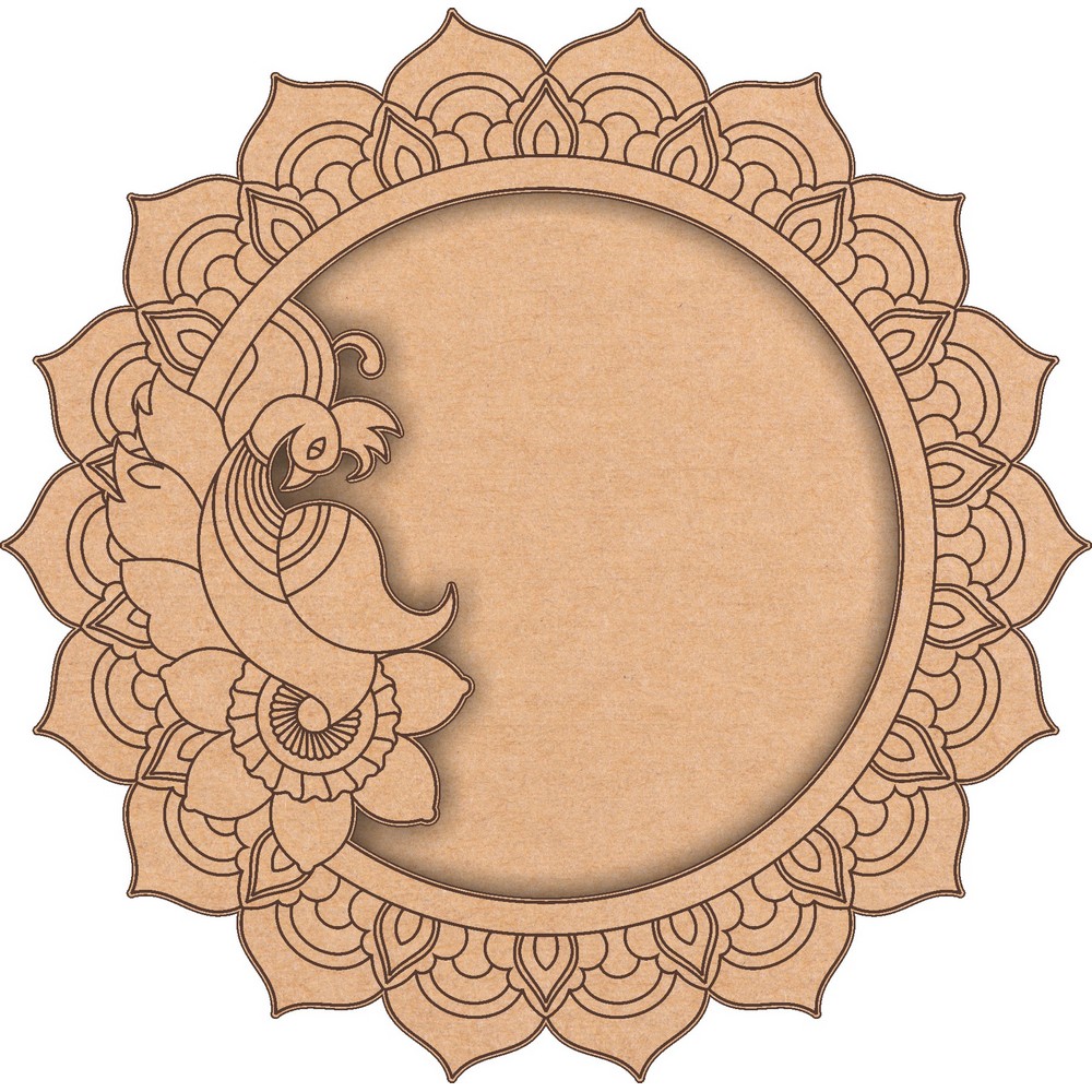 A wooden pooja thali base with a peacock and flower pattern. A handcrafted MDF pooja thali base with a beautiful peacock and flower design. A 12-inch MDF pooja thali base with a smooth, polished surface.