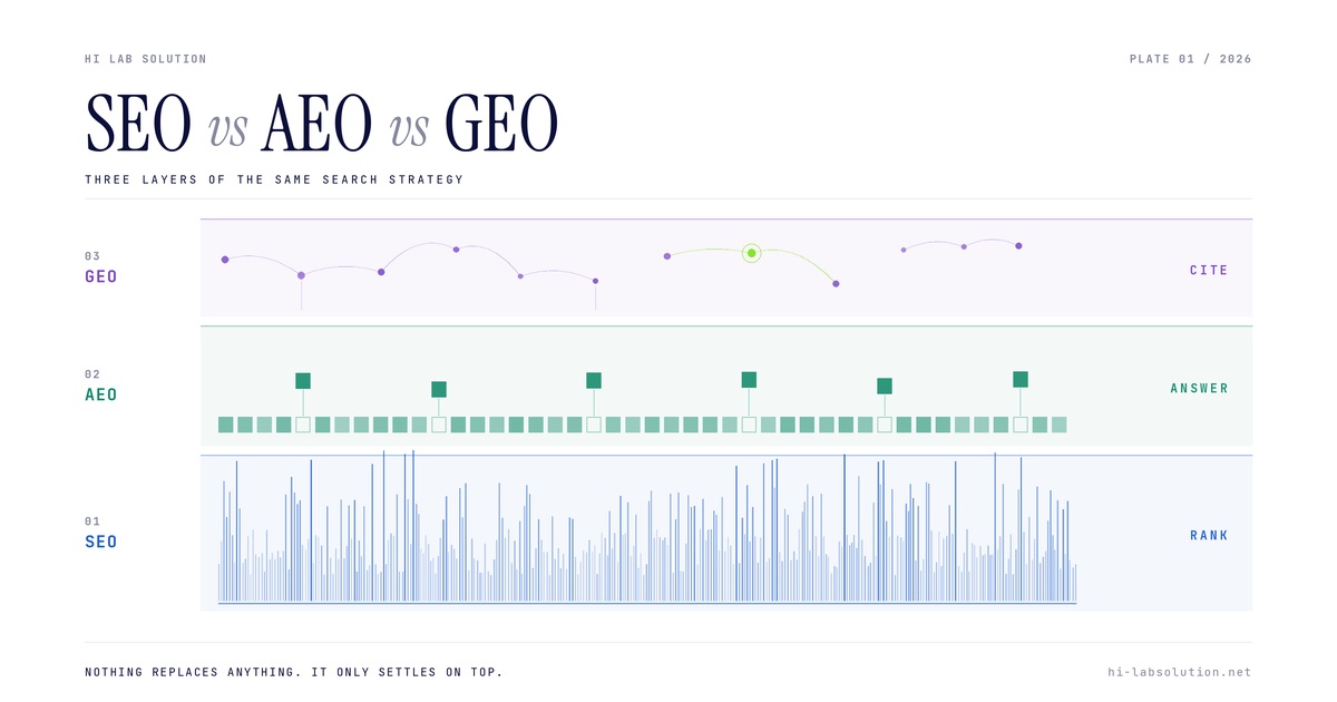 SEO vs AEO vs GEO comparison diagram showing how search engine optimization, answer engine optimization and generative engine optimization work together in 2026